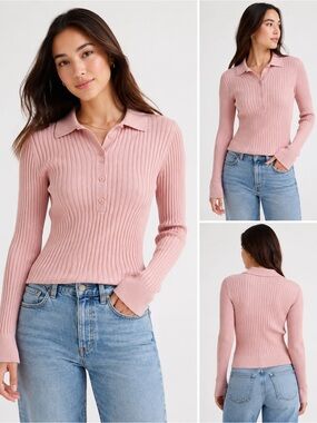 Athleta Long Sleeve Sweet Bay Henley Ribbed Polo Sweater- Dusty Rose